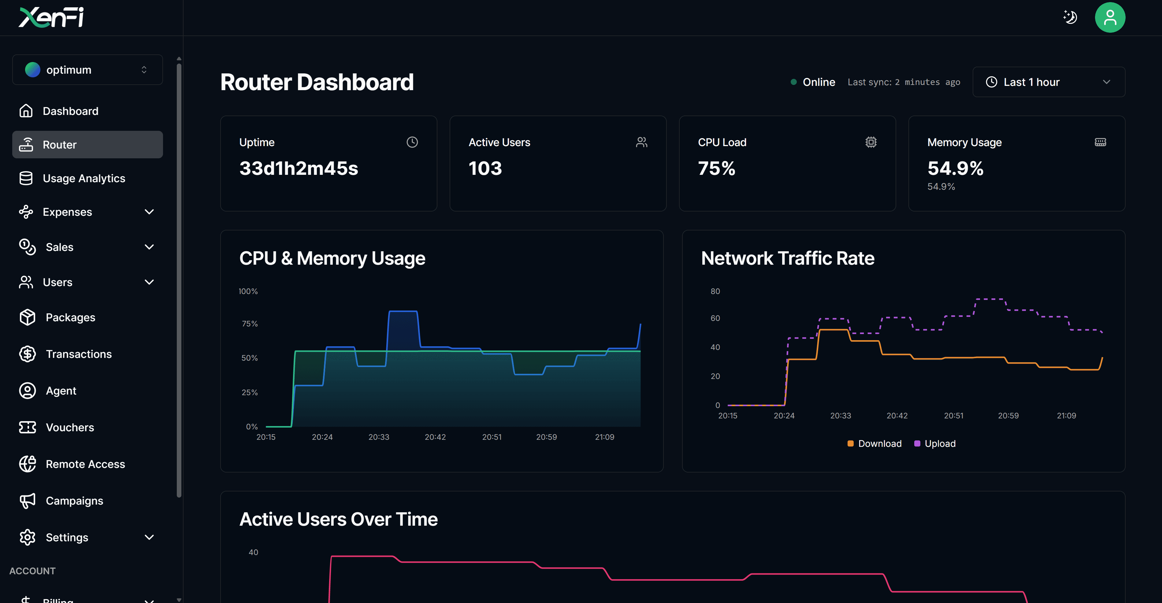 XenFi router dashboard with uptime, active users and CPU load