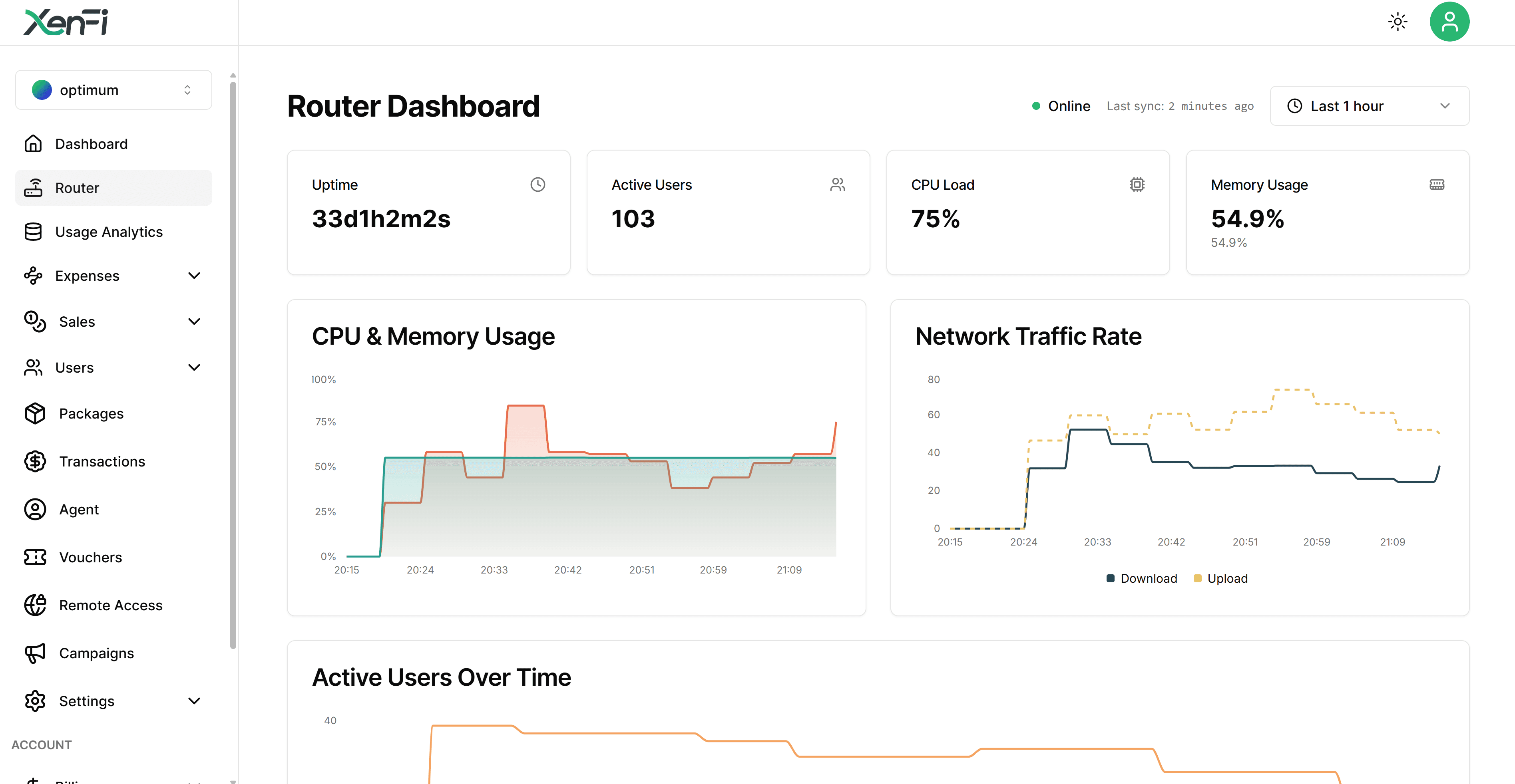 XenFi router dashboard with uptime, active users and live traffic