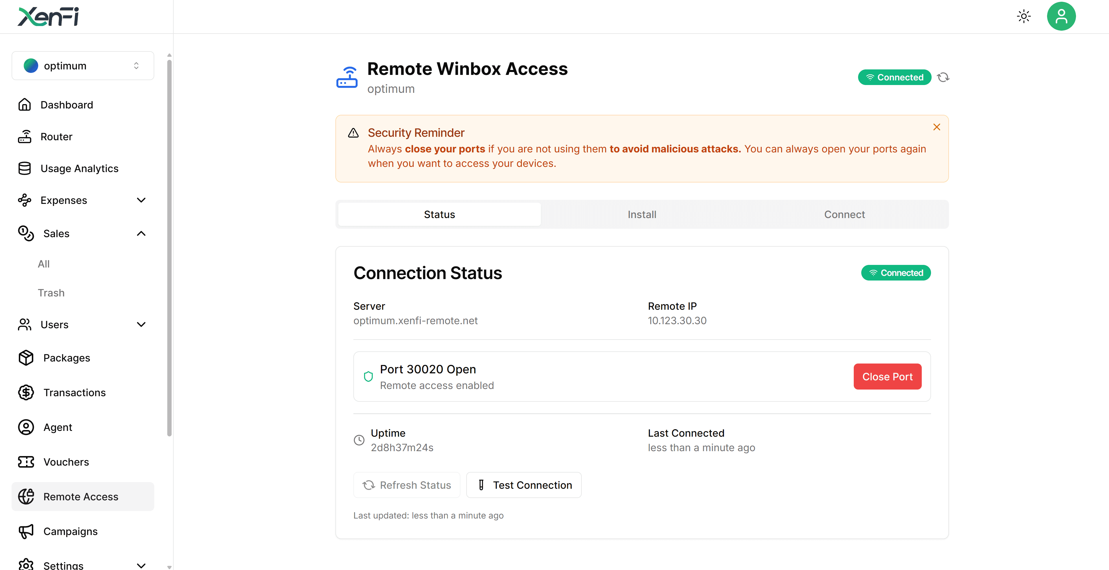 XenFi remote access screen for a MikroTik router with connection status