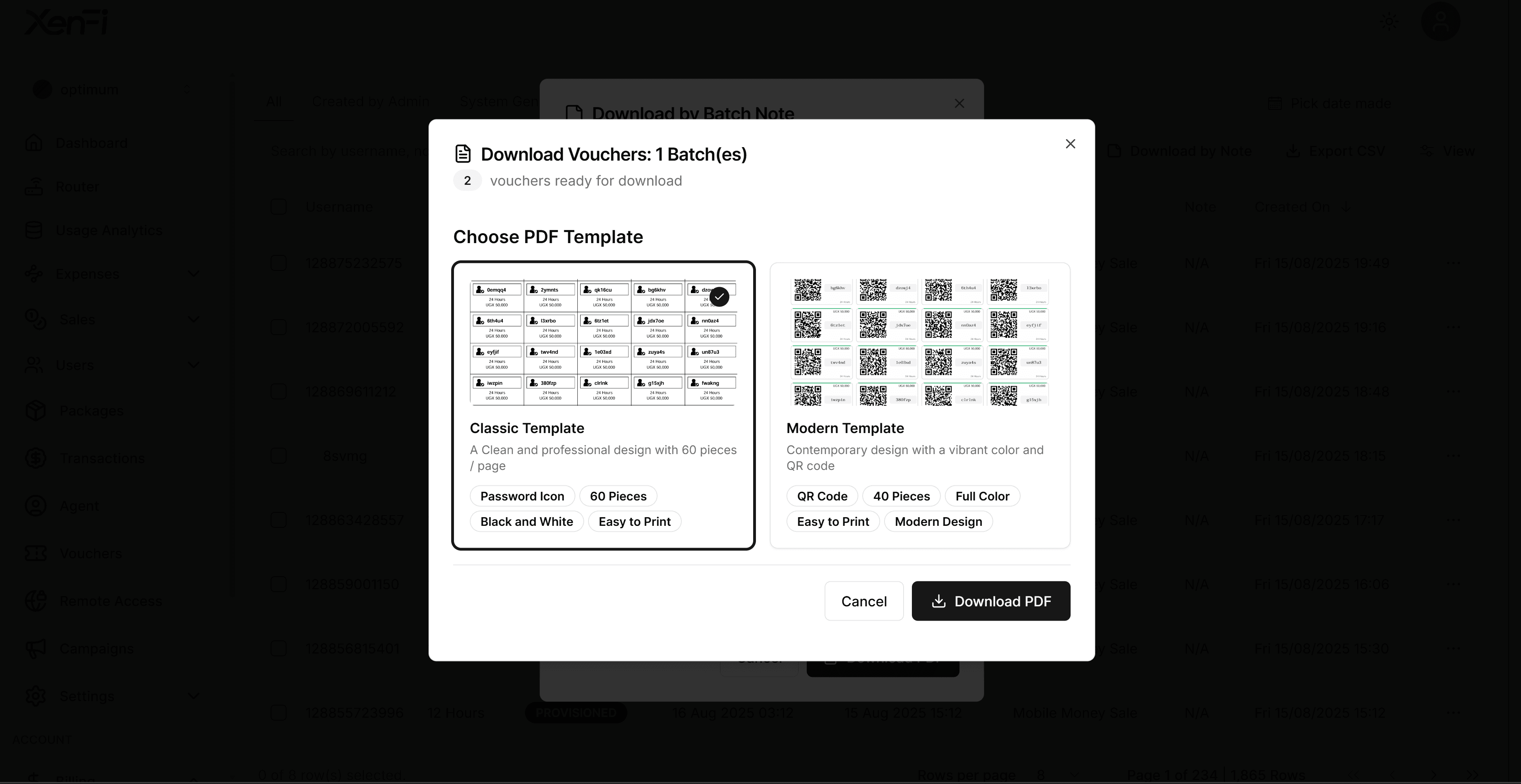 XenFi voucher PDF download with QR and classic template choices